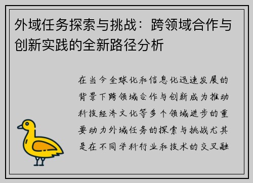 外域任务探索与挑战：跨领域合作与创新实践的全新路径分析